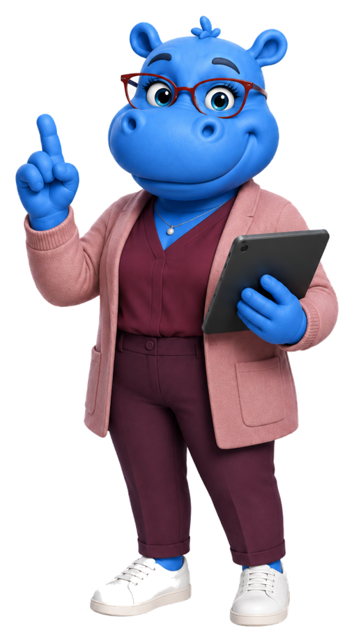 Blue Hippo learning guide holding a tablet