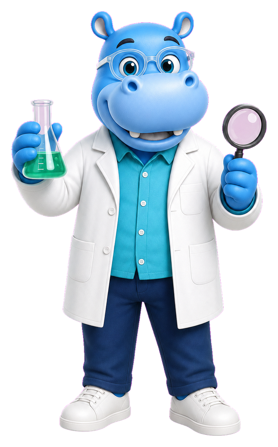 Blue Hippo science mascot with lab equipment