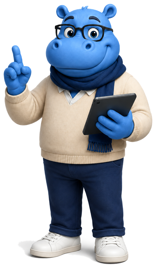 Blue Hippo mascot using a tablet