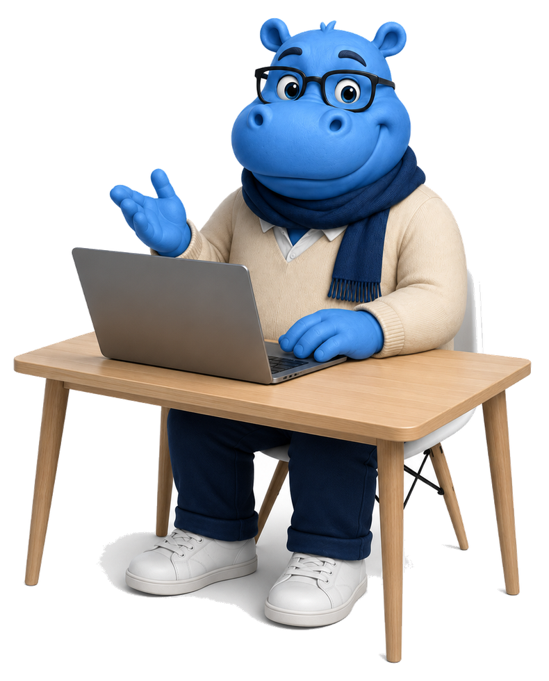 Blue Hippo mascot working at a laptop