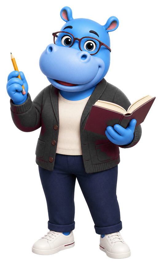 Blue Hippo English mascot with a book