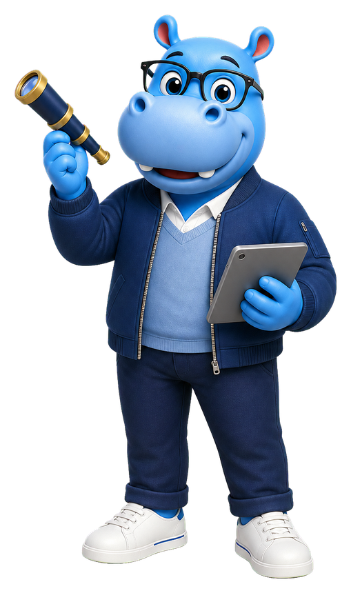 Blue Hippo future platforms mascot with a telescope