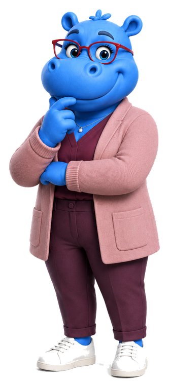 Blue Hippo learning guide in a thoughtful pose